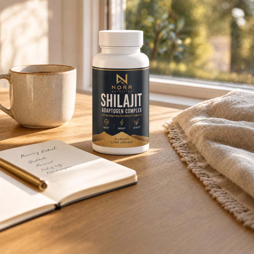 Norr Shilajit Adaptogen Complex on a desk beside a coffee mug and an open notebook