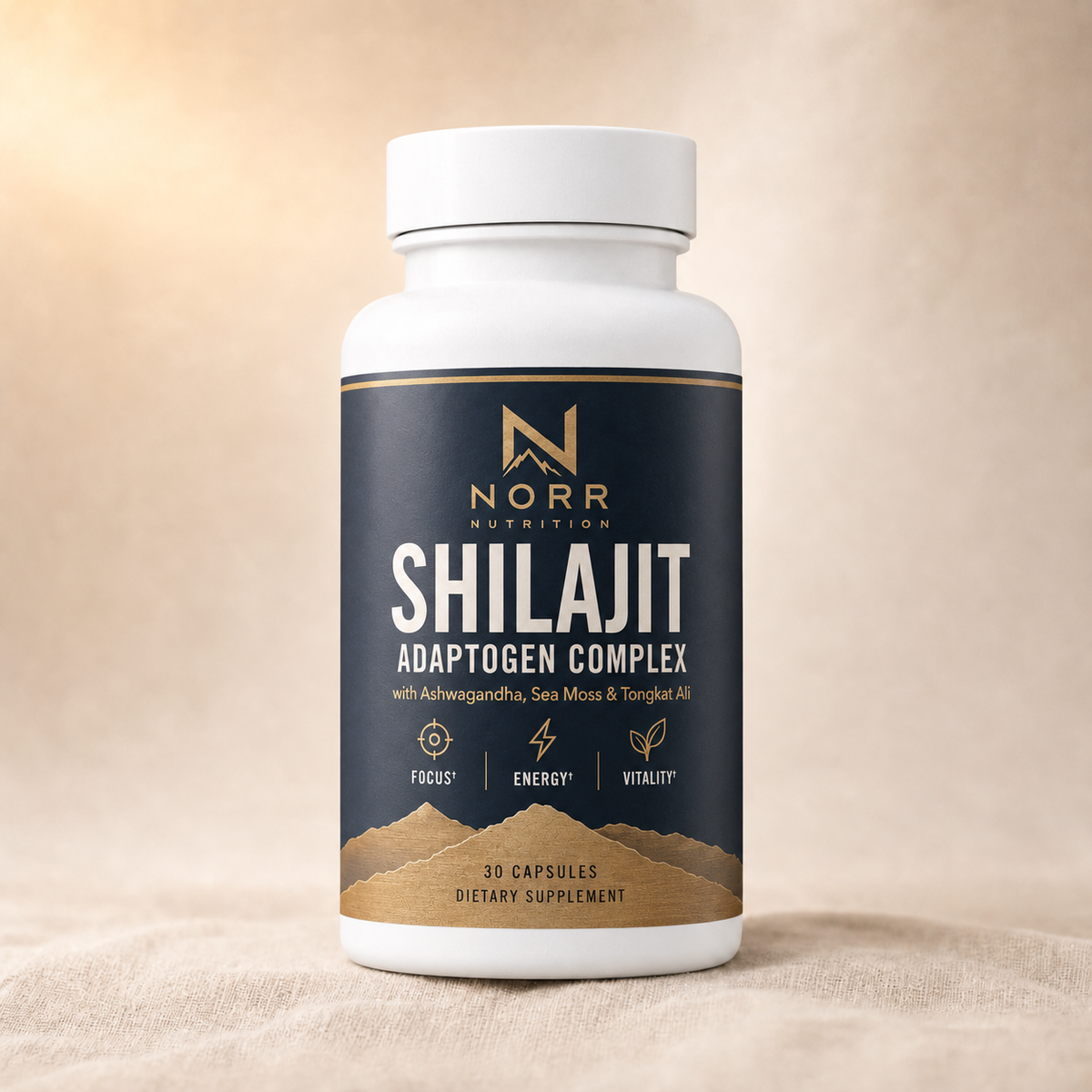 Norr Shilajit Adaptogen Complex bottle on linen against a warm background