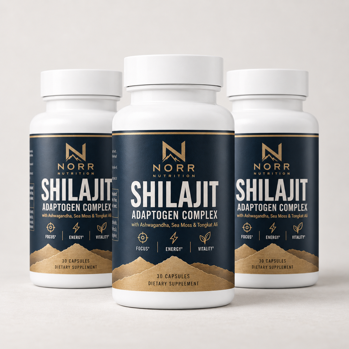 Three bottles of Norr Shilajit Adaptogen Complex, 90 capsules in total